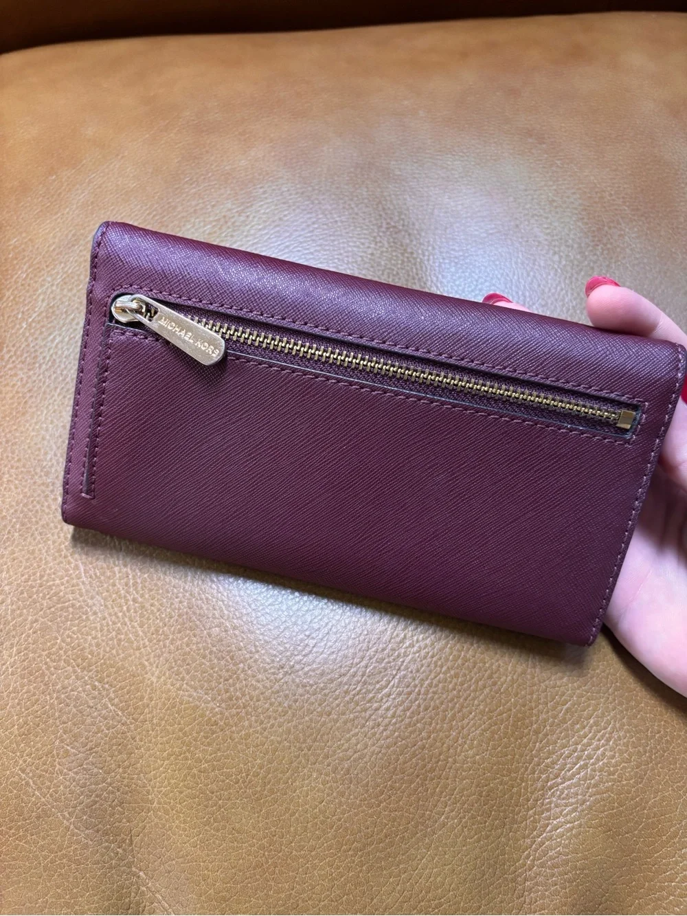 Michael Kors Wine Saffiano Leather Flap Wallet with Gold Logo